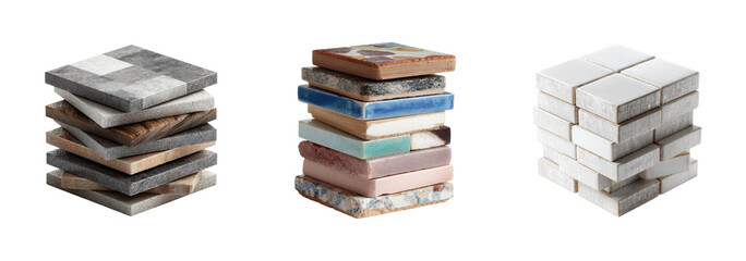 Stacked decorative tiles home interior product PNG set, cut out, isolated on transparent background