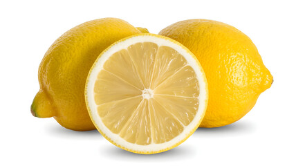 Fresh lemons whole and sliced showing juicy segments isolated on white background