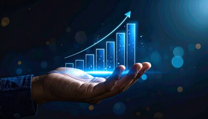 Hand presenting glowing bar chart with upward arrow on dark tech background.