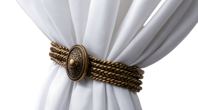 A close-up of a decorative curtain tieback, featuring a brass-colored, braided band with a decorative button.  White fabric drapes elegantly behind