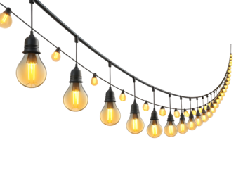 Realistic String Lights with Warm Yellow Glow Black Cable Edison Bulbs Festive Decoration isolated on a transparent background