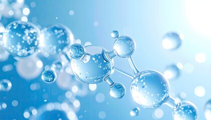 Abstract depiction of molecules in motion.  Light blue spheres representing atoms connected by translucent rods, set against a softly blurred background of similar spheres.  