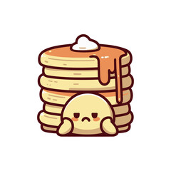 Cute cartoon character hiding behind a stack of pancakes with syrup, evoking a playful mood