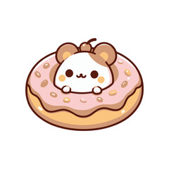 Cute cartoon character of a hamster peeking from a pink donut, whimsical and playful design