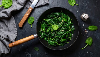 Saut?ed spinach in a pan