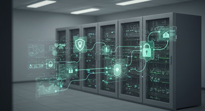 Servers with digital security icons in a server room view gourmet, delicious, cuisine, food photography, background