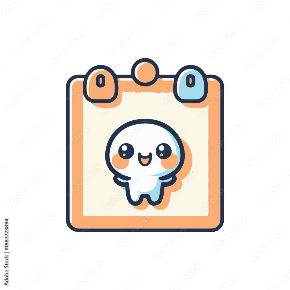 Poster cute cartoon character with a joyful expression on a clipboard against a simple background