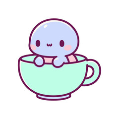 Obraz premium Cute cartoon character sitting in a mint green cup, with a cheerful expression and simple background