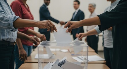 Hands of different ages and ethnicities casting ballots into a transparent box in a bright polling station; handshake in background; sense of unity and civic duty.&rdquo;