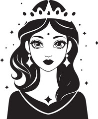 Elegant princess portrait wearing crown, earrings, necklace, and curls on white background