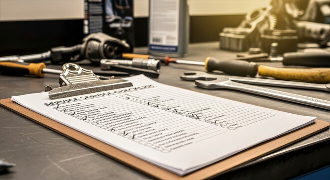 Maintenance checklist on clipboard surrounded by tools in a workshop setting with natural lighting
