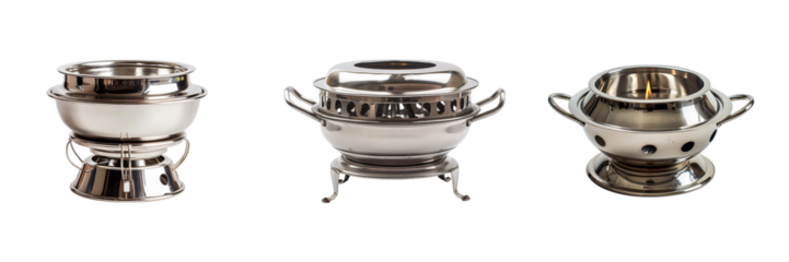 Three stainless steel fondue pots of different designs sitting on transparent background generative ai
