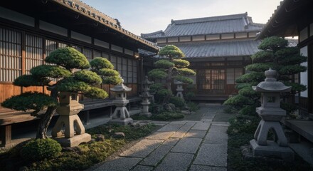 Obraz premium Tranquil Japanese courtyard with bonsai and stone lanterns. Sunlight filters through the trees and buildings