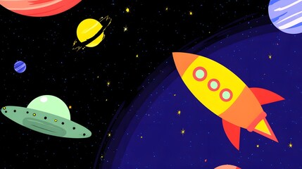 Flat illustration of a rocket with clouds and planets. rocket in space concept.