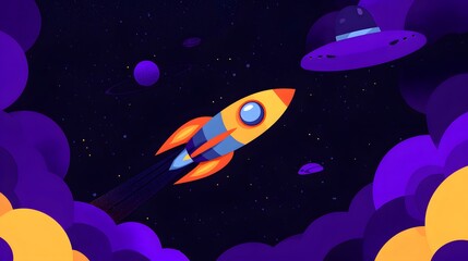 Naklejka premium Flat illustration of a rocket with clouds and planets. rocket in space concept.