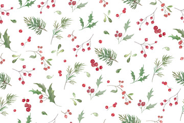Christmas watercolor seamless pattern with holly berries, pine cones, mistletoe. Hand drawn illustration. Vector EPS.