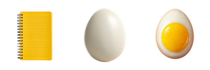 Yellow notebook, whole egg, and half egg isolated on white isolated on transparent background