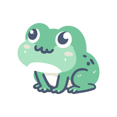 Cute cartoon frog sitting happily with big eyes against a simple white background