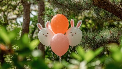 Balloons with bunny faces in a park.  Brightly colored,  cute,  festive