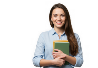Happy student with books isolated on transparent background is smiling at the camera