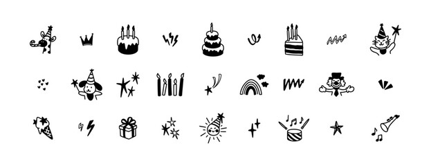 Set of cute line doodle kids birthday icons. Crown shape, explosion effect, ball bounce, music note and drum. Quirky whimsical childish tattoo set. Cake with candles. Twinkle, glitter crayon scribbles