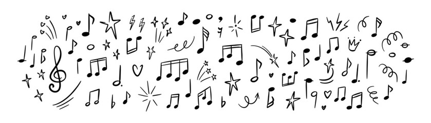 Hand drawn music notes background. Handwriting sketch vector illustration. Classic note staff. Song melody. Musical school, karaoke, conservatory design concept. Underline, emphasis, twinkle effect