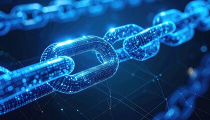 Glowing Blue Blockchain Visualization with Transparent Data Blocks