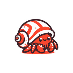 Cute cartoon hermit crab with a striped shell sitting on a sandy beach with a bright background