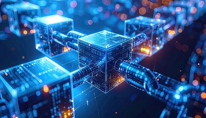 Glowing Blue Cubes Connected Across Global Map, Digital Network Technology