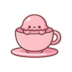 Cute cartoon ice cream character sitting in a pink cup on a plate, cheerful and whimsical design