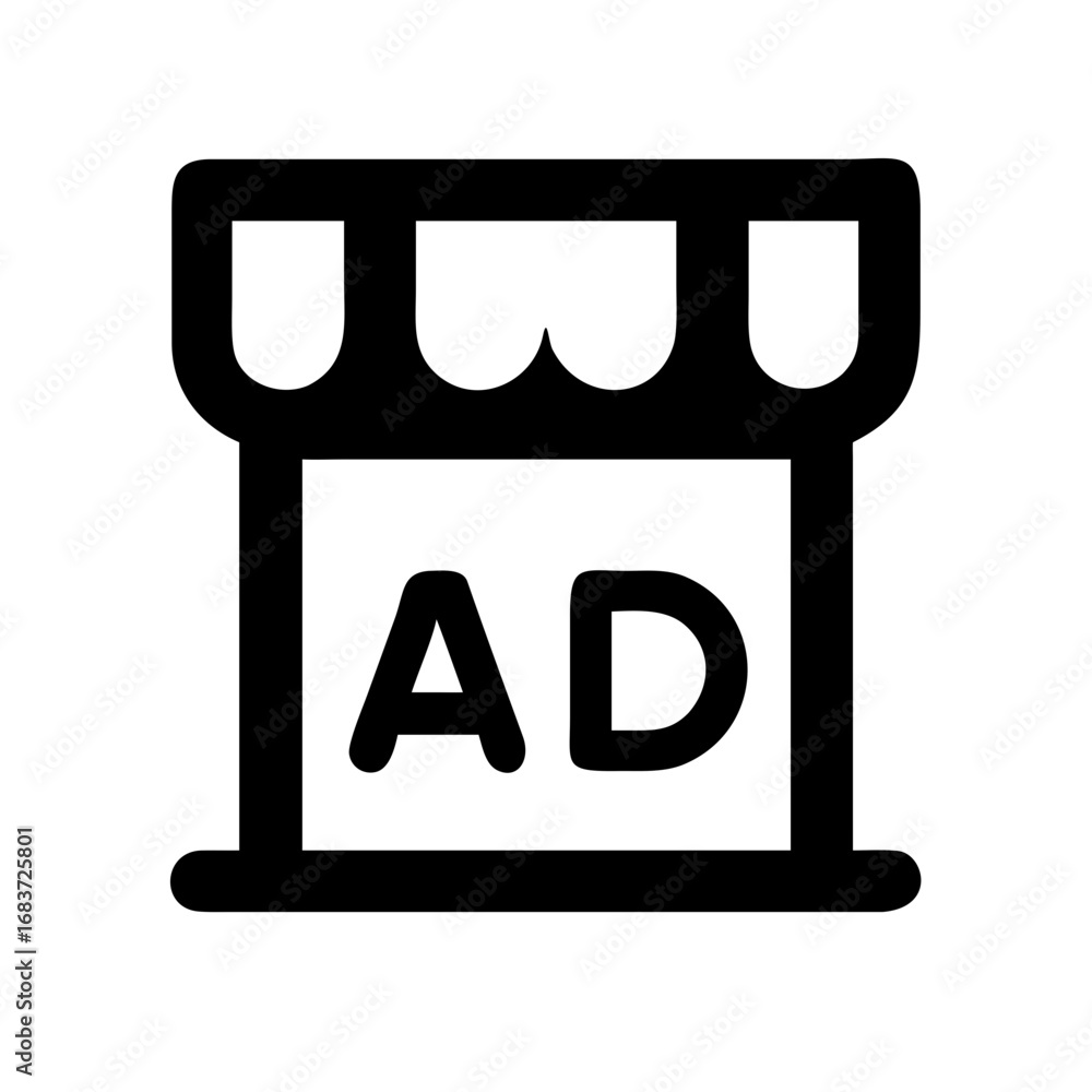 Poster illustration of a store front with an ad sign displayed in black and white simple vector design styl
