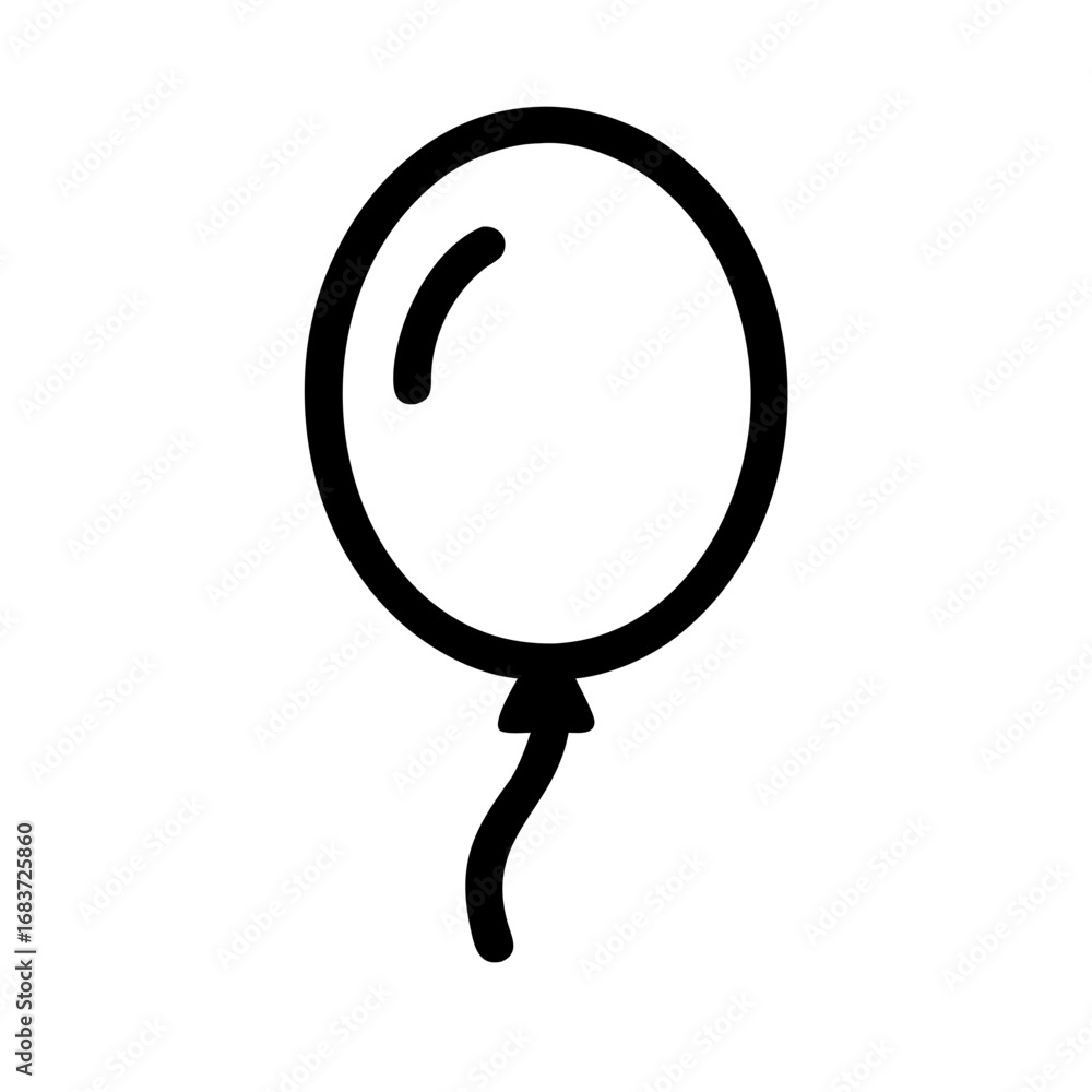 Poster simple outline drawing of a single black balloon with a curved string and a highlight on the top lef