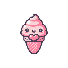 Cute cartoon ice cream cone character holding a heart, with a simplistic design and playful expression