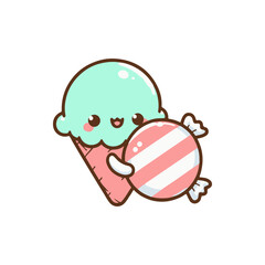 Cute cartoon ice cream cone character joyfully holding a striped candy in a playful design
