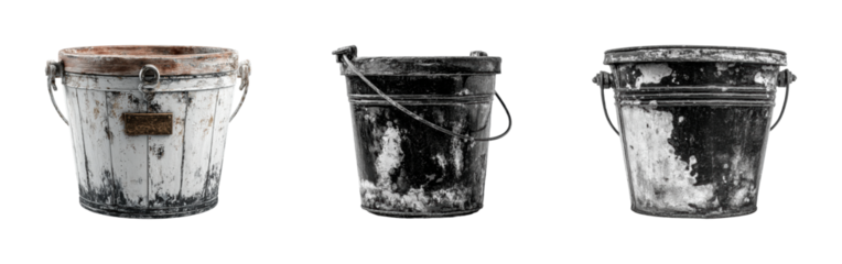 Rustic buckets displayed in for PNG set, cut out, isolated on transparent background