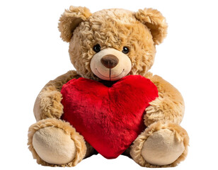 Fototapeta premium Adorable Teddy Bear Hugging Red Heart, Front View, Isolated on Transparent Background