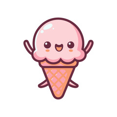 Cute cartoon ice cream cone character with a smiling face and raised arms on a white background