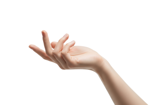 Close-up of a slender, youthful, pale human hand with delicate fingers and clean nails, palm gently cupped, against transparent studio background, concept of receiving and giving