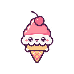 Cute cartoon ice cream cone with a cherry on top, set against a simple white background (2)
