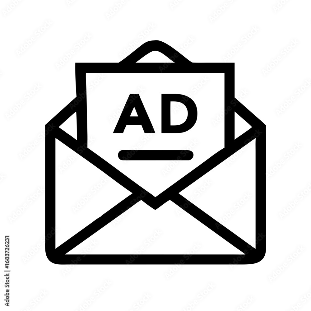 Poster black outline of an open envelope containing a paper with the letters ad and a line on it shown insi