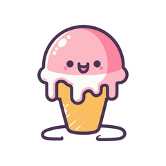 Cute cartoon ice cream cone with a smiling face and dripping pink scoop, perfect for children's designs