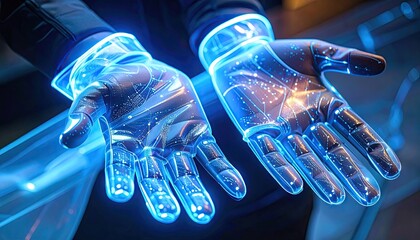 Glowing Blue Transparent Gloves with Embedded Sensors