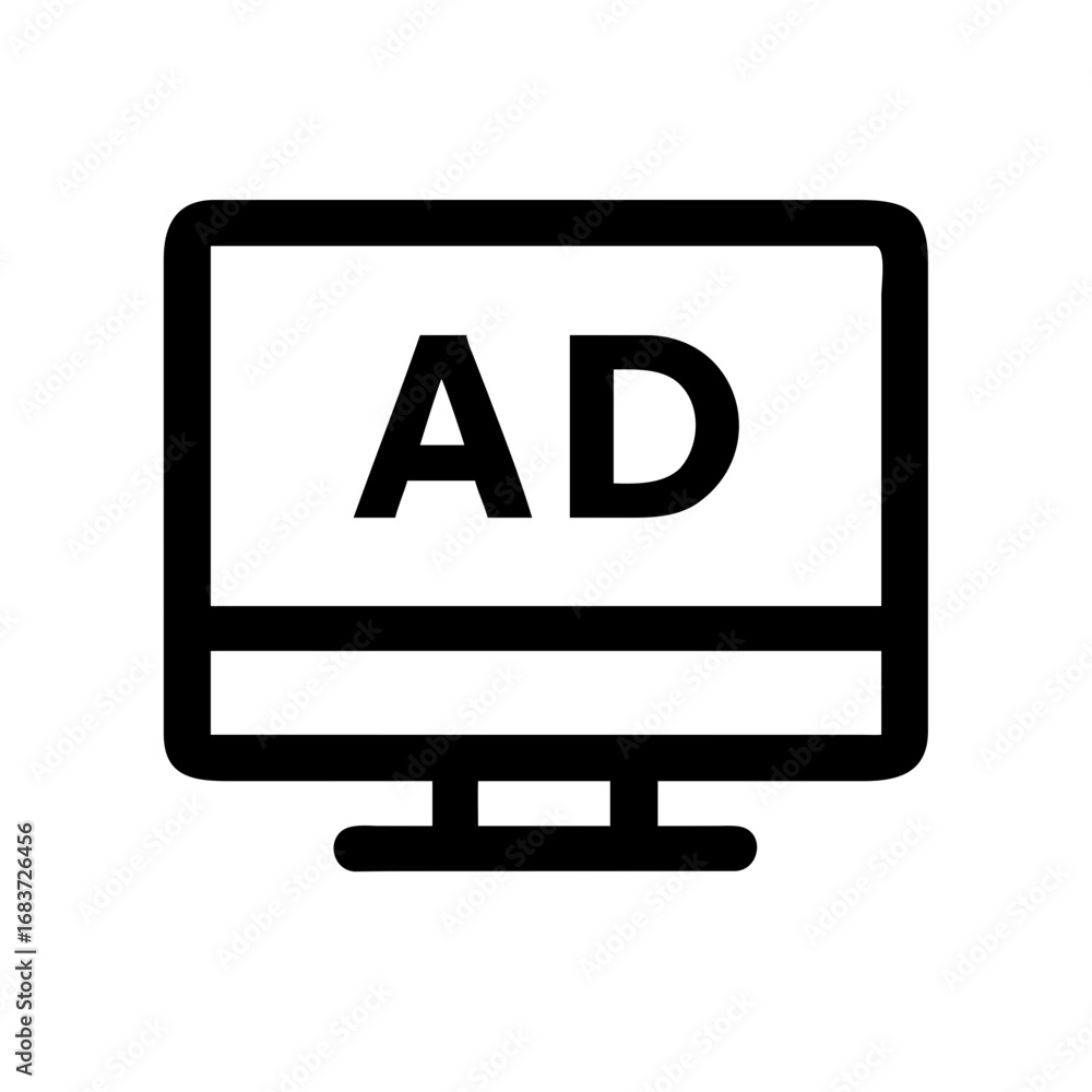 Poster a simple black and white illustration of a monitor displaying the letters ad in bold font style