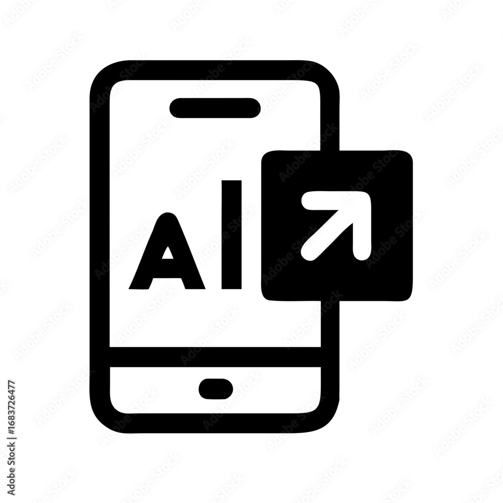 Poster illustration of a smartphone displaying ai with an arrow pointing up and to the right icon next to i