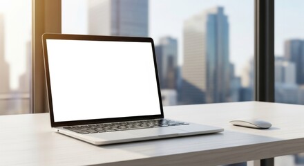 Laptop with blank screen and computer mouse on a desk with cityscape background