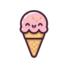 Cute cartoon ice cream cone with pink scoop and sprinkles, perfect for summer-themed designs