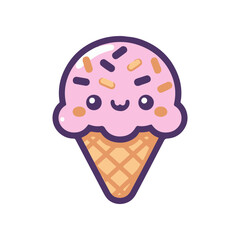 Cute cartoon ice cream cone with pink scoop and sprinkles, set against a simple white background