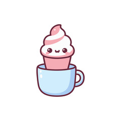 Cute cartoon ice cream in a pastel blue cup with a smiling face, set against a white background