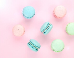 Obraz premium Assorted Pastel Macarons on Soft Pink Background – Elegant French Dessert Arrangement