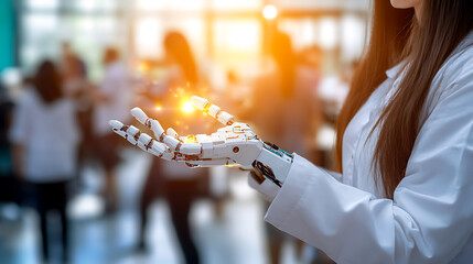 Person holding a robotic hand with glowing elements, symbolizing advanced technology and innovation.